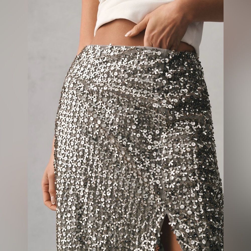 Anthropologie Not So Serious/Let Me Be Sequin Slit Maxi Skirt in Silver - Picture 3 of 10